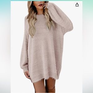 Women's Furry Crewneck Oversized Loose Long Pullover Sweater Dress